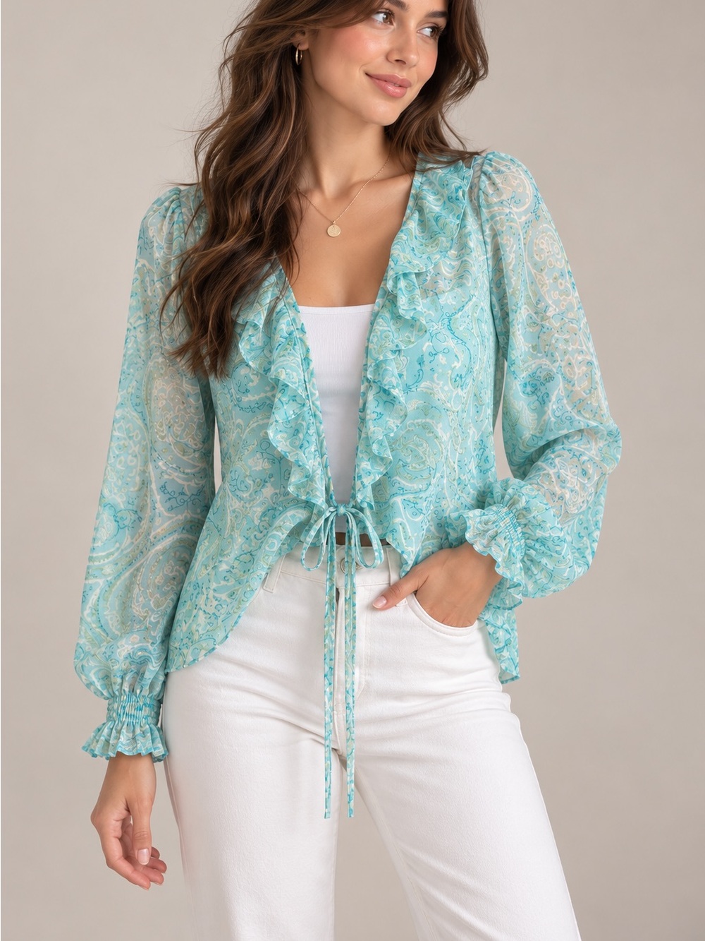 Suzy Shier Aqua Paisley Ruffle Tie-Front Blouse